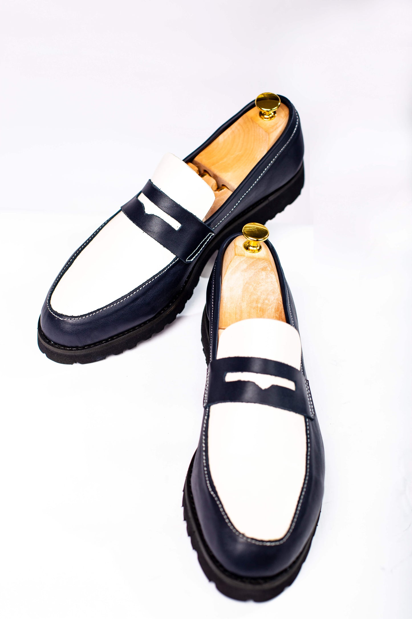 Blue and White Leather Penny Loafers