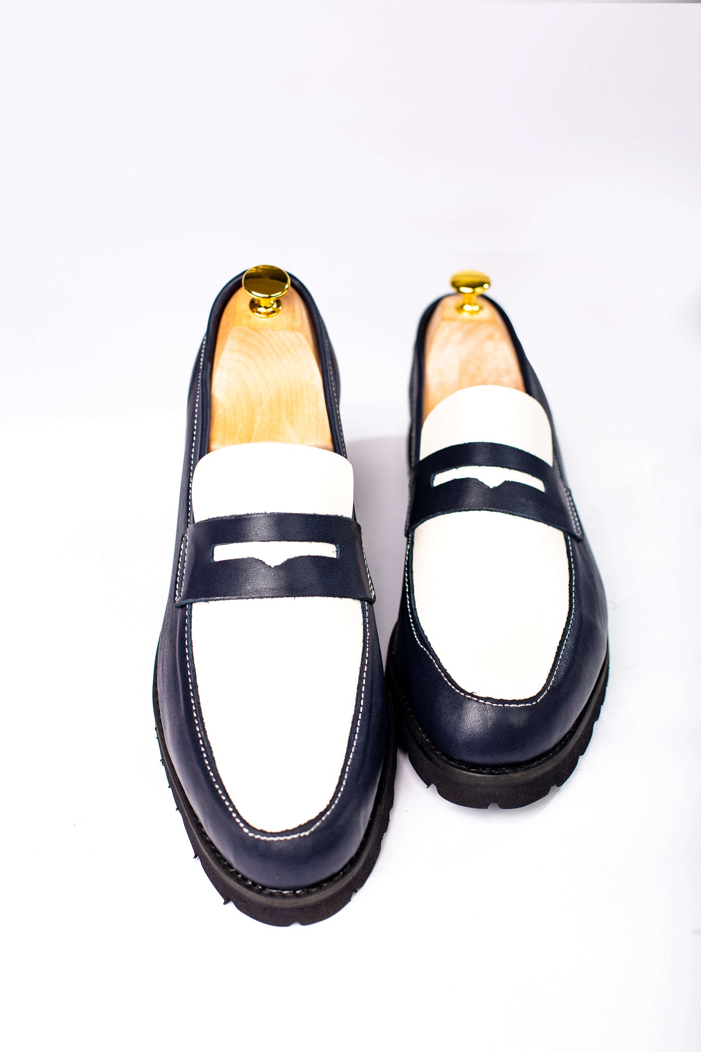 Blue and White Leather Penny Loafers