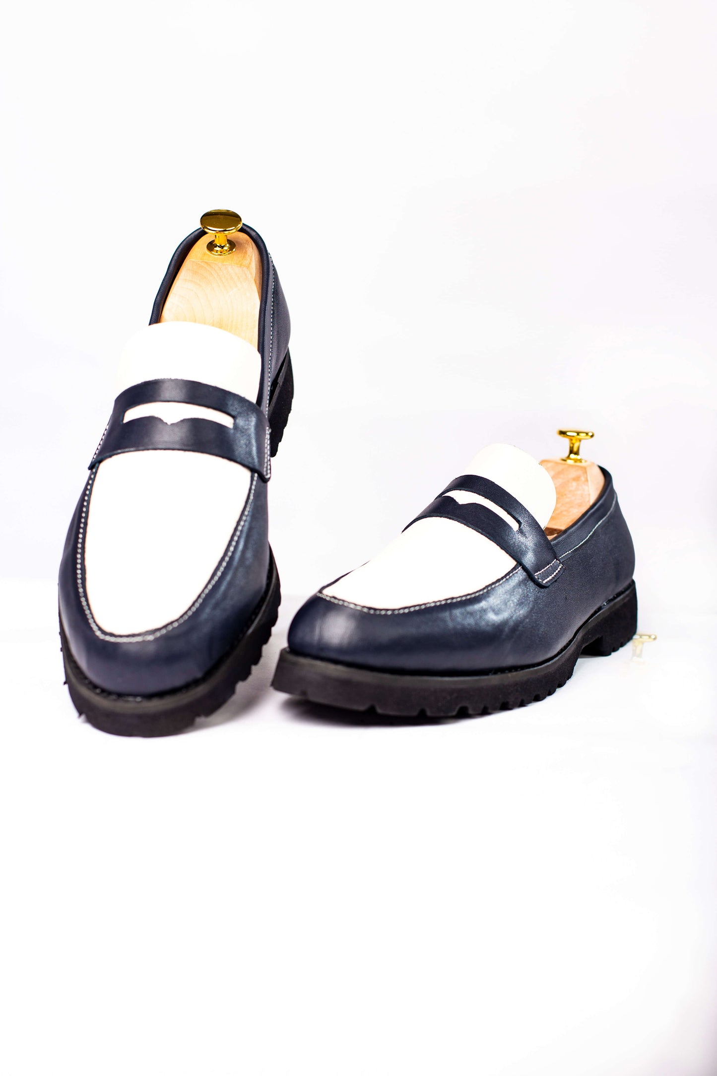 Blue and White Leather Penny Loafers