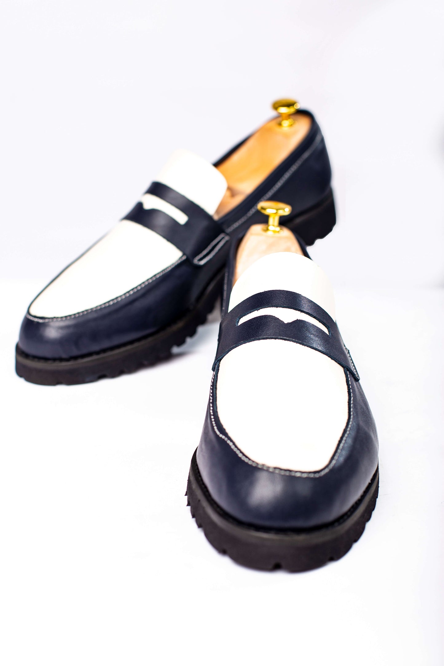 Blue and White Leather Penny Loafers