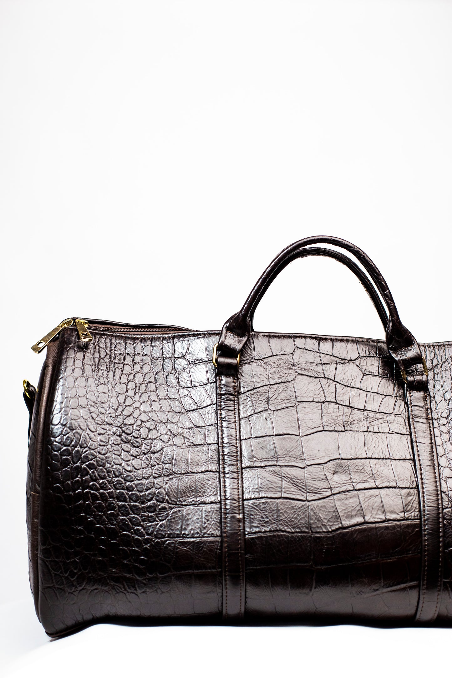 Brown Croc-Embossed Leather Duffel Bag