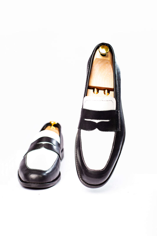 Black and White Leather Penny Loafers