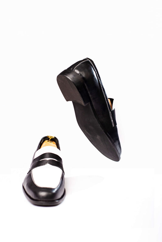 Black and White Leather Penny Loafers