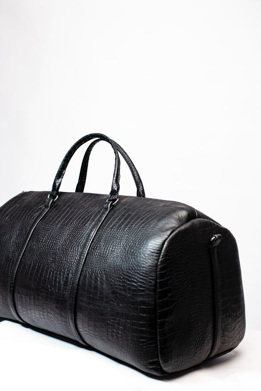 Black Croc-Embossed Leather Duffel Bag